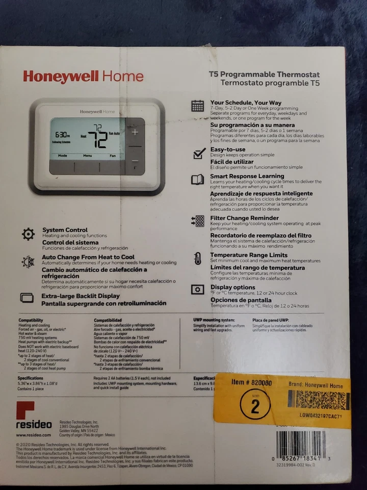 Honeywell T5 7-Day Programmable Thermostat (RTH7560E1001) - Image 2 of 3