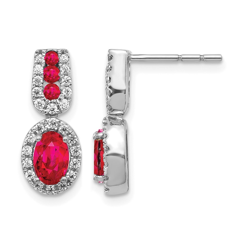 14k White Gold 6x4mm Oval Ruby and Diamond Halo Post Drop & Dangle Earrings