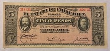 1915 Series M Mexico 5 Cinco Pesos Del Estado De Chihuahua Banknote Bill