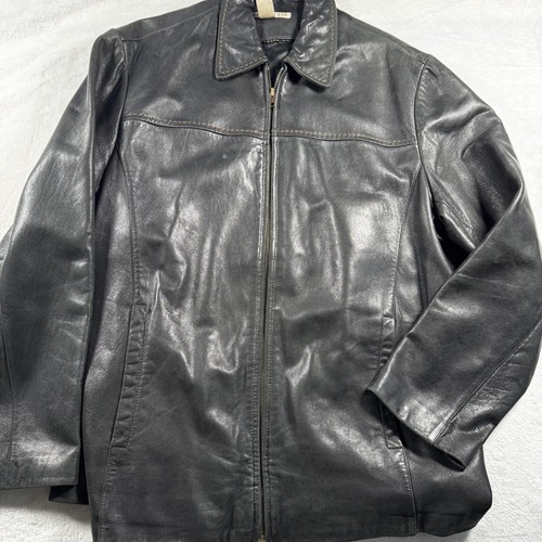 Perry Ellis Leather Jacket Mens Large Zip Front Lambskin Coat Pockets Defect