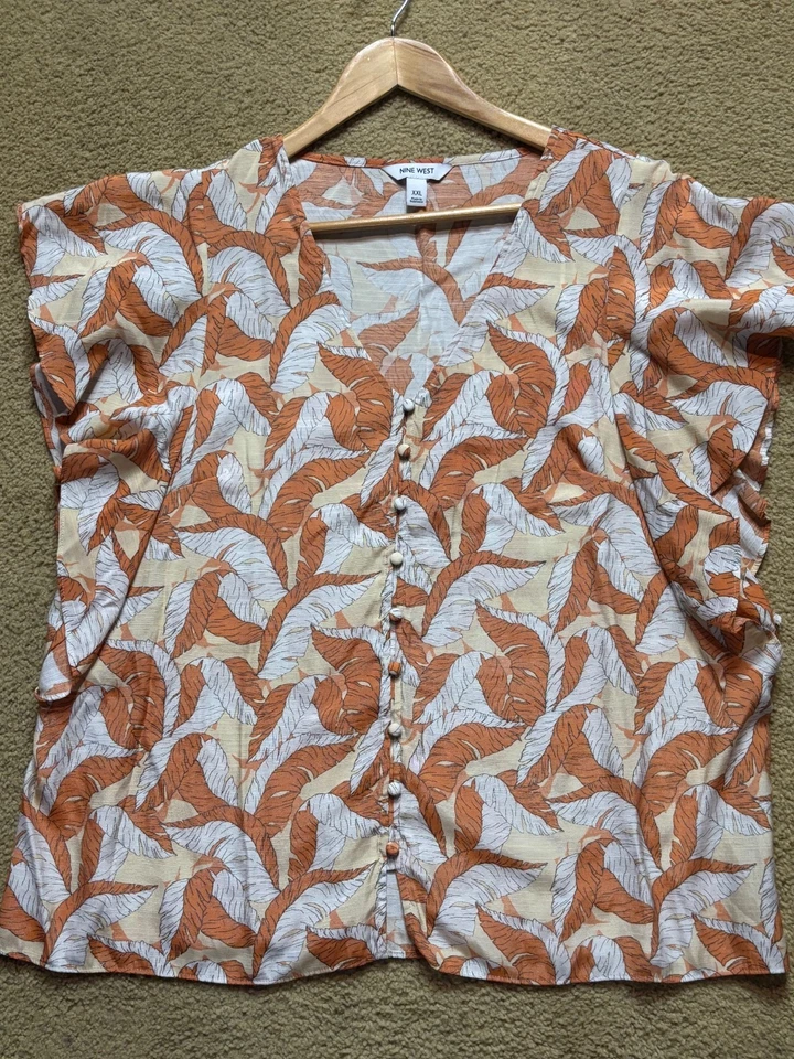Blusa Top Nine West Manga Volantes Naranja Tropical Hoja Botón Frontal Relajada 2XL Foto 3 de 4