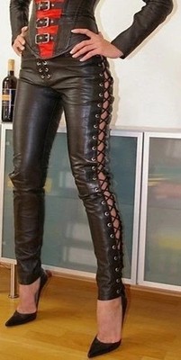 HOT Women Real Lamb Leather Laces Up Pants Sexy Slim Fit Leather Pants