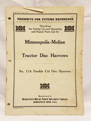 MINNEAPOLIS-MOLINE No. 11A Double Cut TRACTOR DISC HARROWS Directions OPERATING