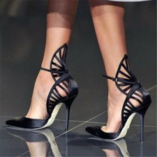 Gorgeous Women Heels Pumps Satin Black Pointed Toe Shoes Woman Plus Size 4-15