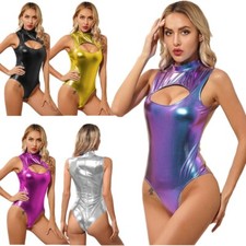 Women's Metallic High Cut Leotard Gymnastics Catsuits Cutout Front Bodysuits