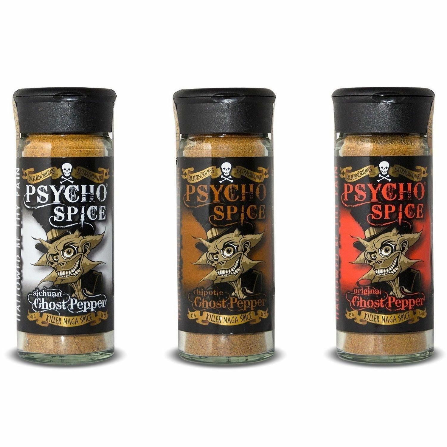 Dr Burnorium Psycho Spice Set of 3 x 45g Jars Ghost Chilli Pepper Spices Blend