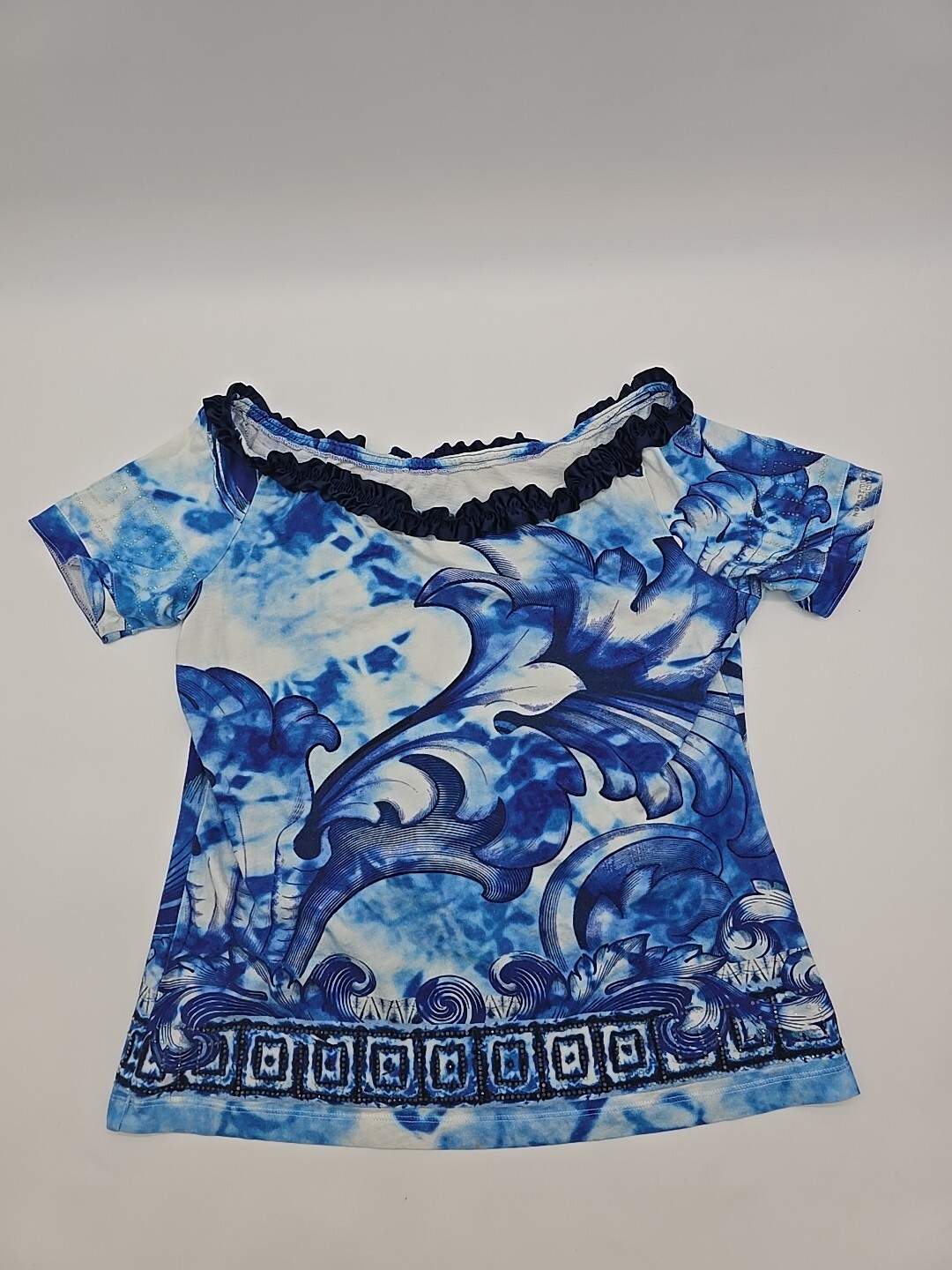 Versace Collection T-Shirt Rhinestone Blue Wave Size 48 Runway Baroque..#19658