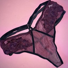 Victoria's Secret S THONG BLACK Kir Burgundy Velvet velour Embroidered Applique