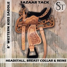 Premium 8" Western Leather Youth Kids Horse Pony Saddle Tack Set with Fringes