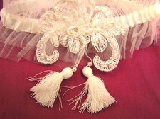 NWT GARTER BELT set Keepsake and Toss WHITE tulle w/ tassels/pearls /sequins