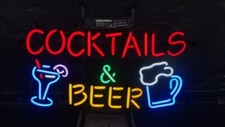 17"x12" Cocktails Beer Martini Mugs Neon Sign Visual Real Glass Handmade MM207