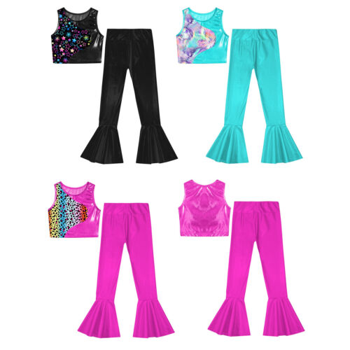 Kids Girls Tops With Bell-bottoms Pants Round Neckline Dance Set Sleeveless - Picture 1 of 56