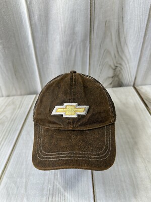 CHEVROLET CHEVY LOGO FAUX LEATHER MESH TRUCKER HAT  BROWN ADJUSTABLE STARP