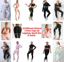 Anti-Cellulite 3 Pieces Yoga Gym Set Women Fitness Suit Leggings Jacket Bra UK