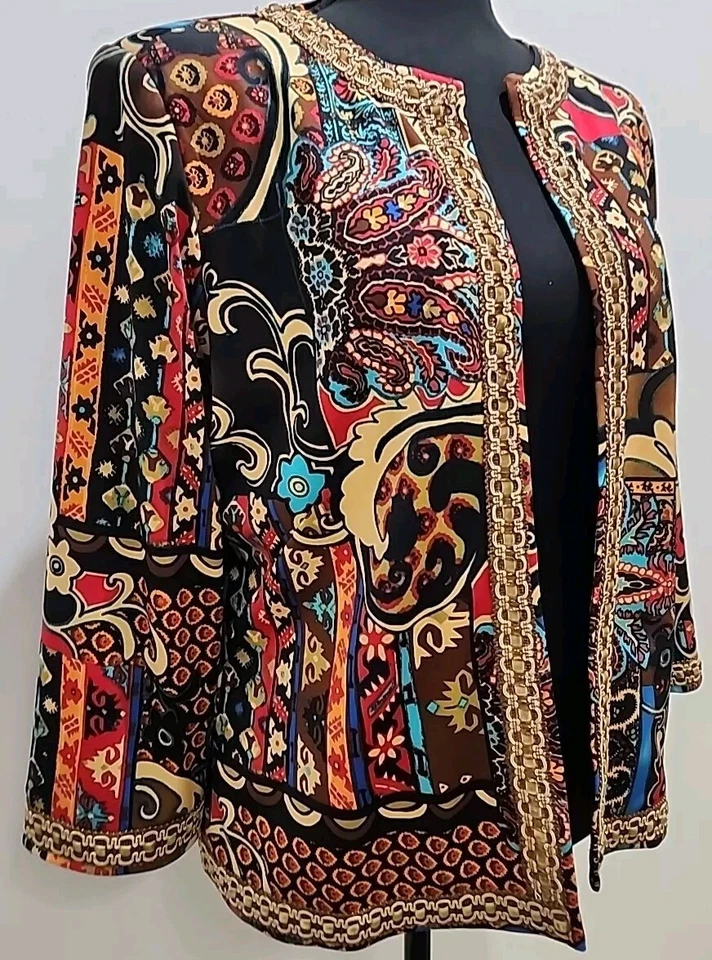 Chaqueta Joan Rivers Talla S Marrón Retazos Recortada Artística Blazer Glam Ribete Cinta Foto 2 de 4