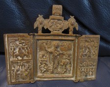 Antica Icona da viaggio Russa - Trittico - Bronzo Madre di Dio