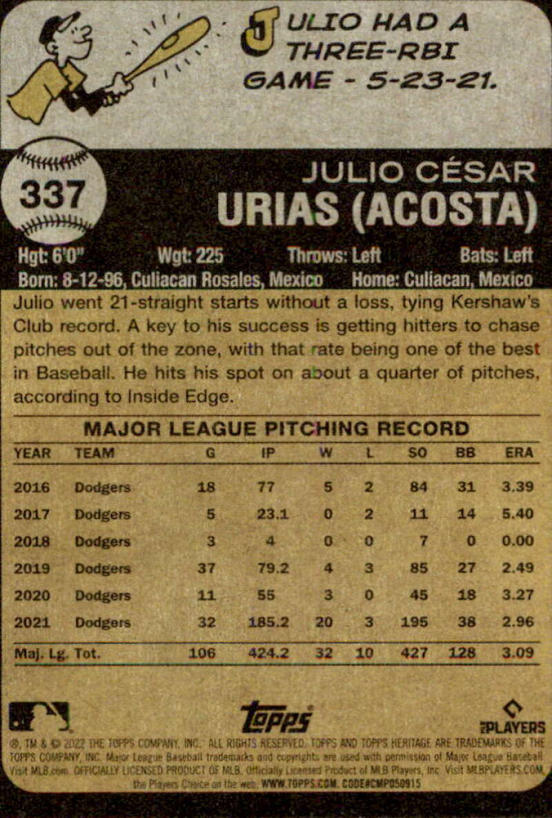 2022 Topps Heritage #337 Julio Urias NM-MT Dodgers ID:41373