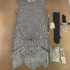 Women's Size XL Gray Sequin Fringe Flapper Dress  Accessory Set 9 Pieces NWT