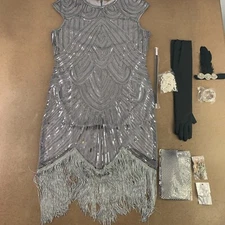 Women's Size XL Gray Sequin Fringe Flapper Dress & Accessory Set 9 Pieces NWT