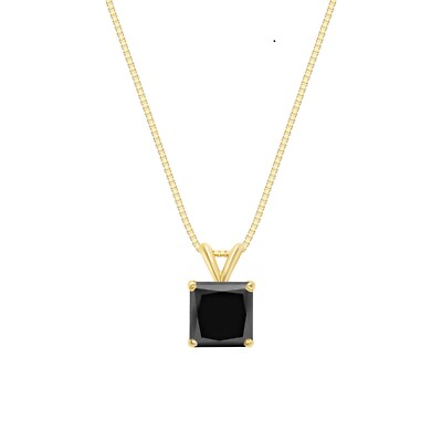 2,50 ct Princess-Schliff schwarzer massiver 14K Gelbgold Solitär Anhänger 18'' Halskette