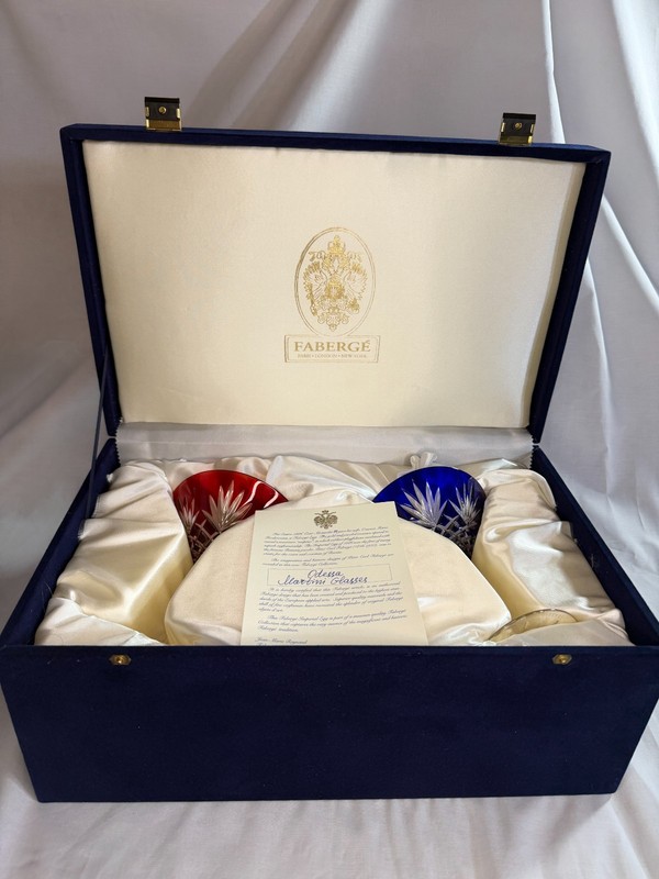 Faberge Odessa Cut to clear red/blue martini set in presentation box