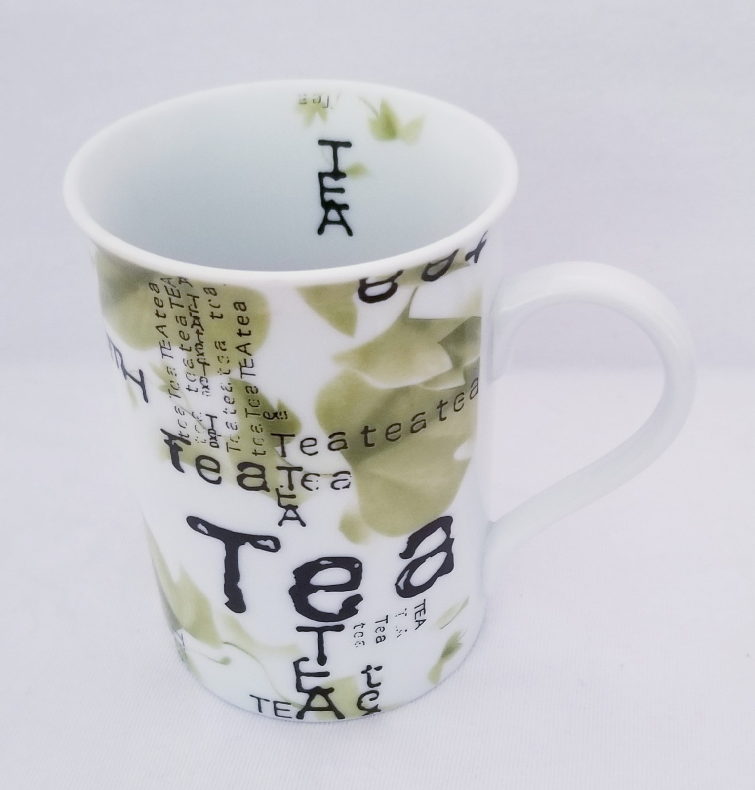 Mug Written Green Tea Leaf White 8oz.