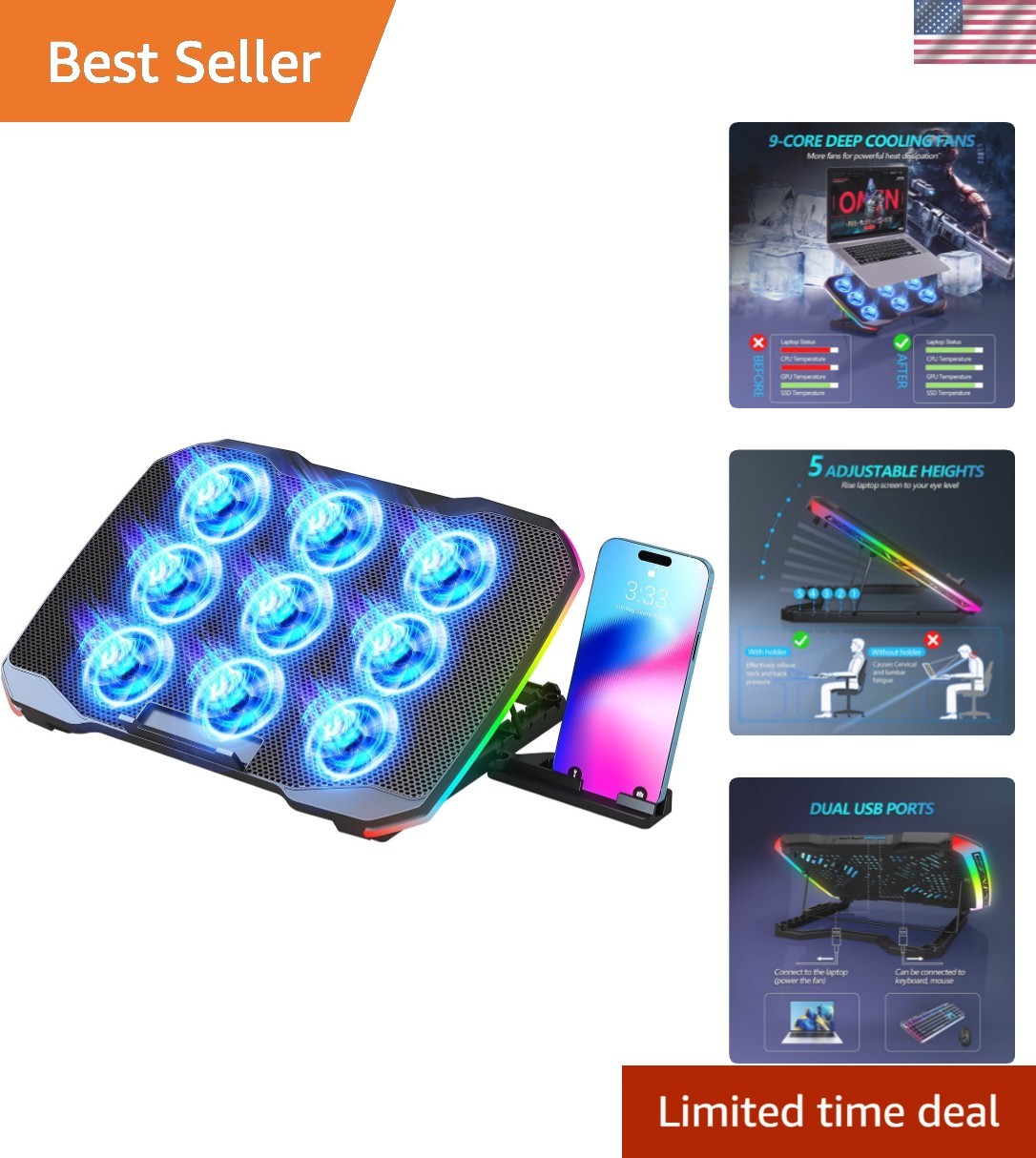 Laptop Cooling Pad, Gaming Laptop Cooler with 9 Quiet Fans, Laptop Cooling St...