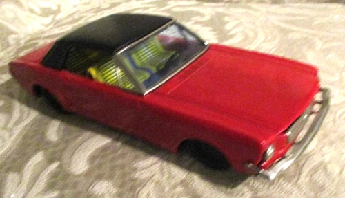 1960s BANDAI FORD MUSTANG - RED BLACK TOP, JAPAN TIN LITHO FRICTION - EXCELLENT
