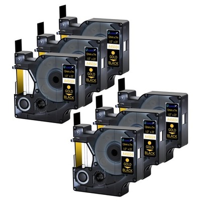 6pk Replace for Dymo D1 A45024 Gold/Black Label Tape 1/2'' LabelManager 100 120P