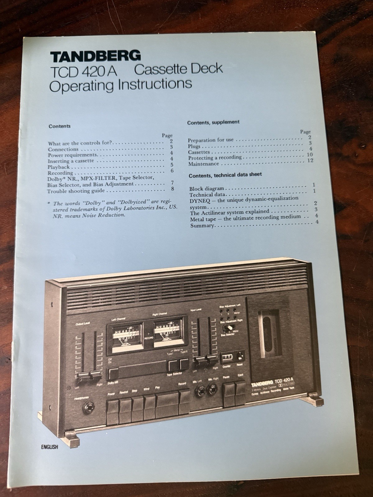 Original (OEM) Tandberg TCD420A Cassette Deck Operating Instructions (8 Pages)