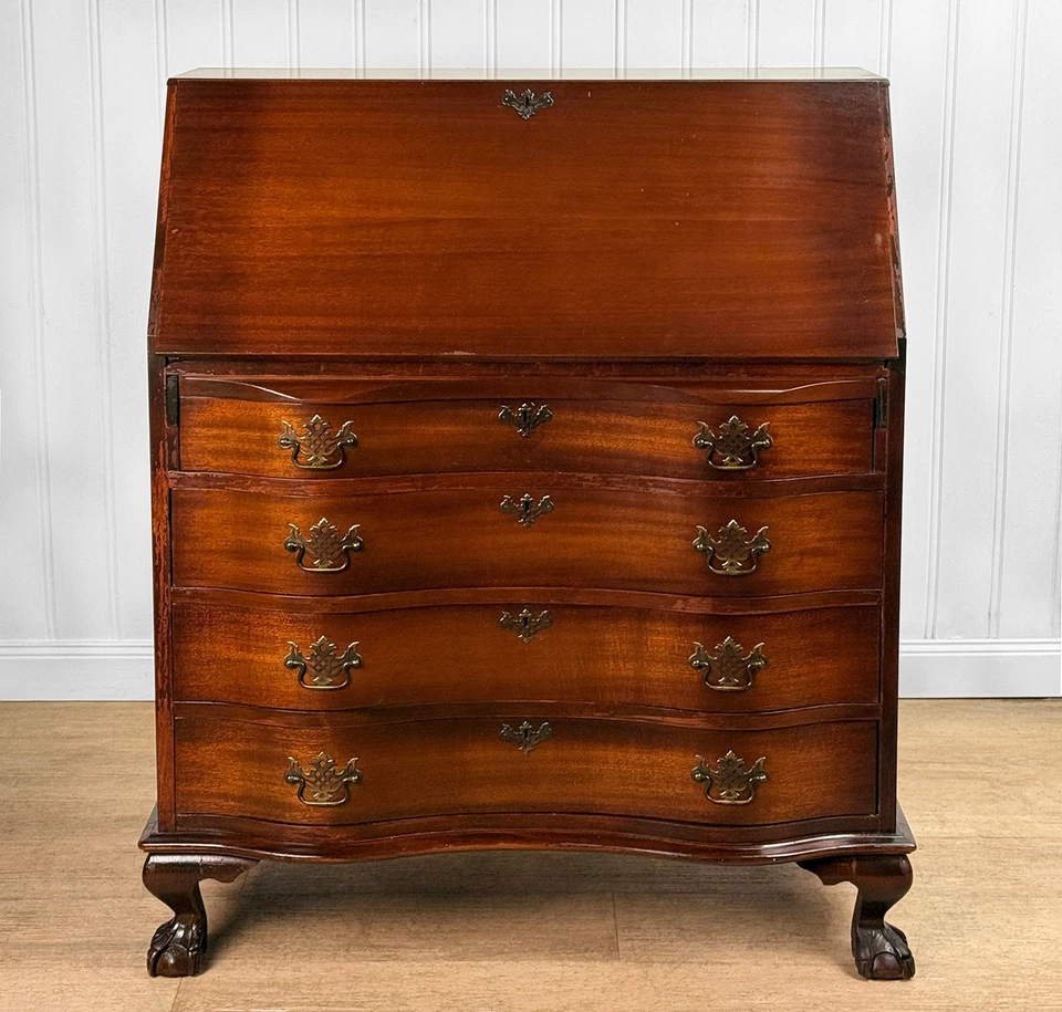 Antiguo Chippendale caoba arco de buey caída escritorio de secretaria frontal Foto 2 de 4