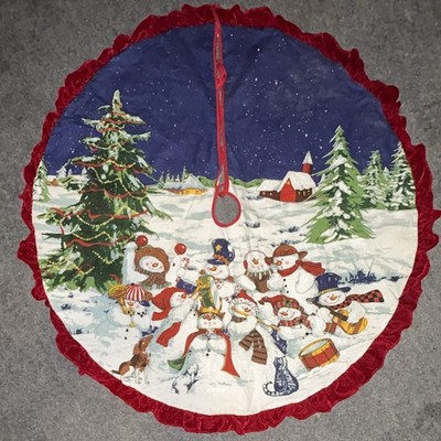 Vintage Canopy Round Christmas Tree Skirt Snowman, Padded, Red Ruffle Trim