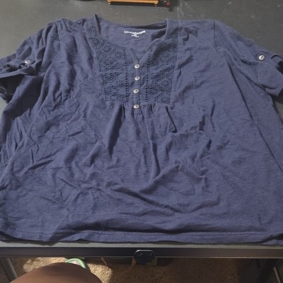 Croft & Barrow Women s Plus 2X Blue Cotton Knit Split Neck Embroidered Top