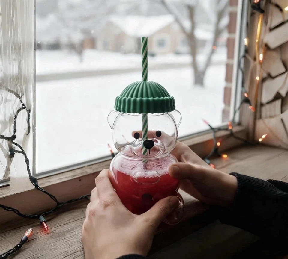 2025 Праздник новый стеклянный медведь холодной чашки с соломой 20 унций кружка банка кофе других производителей - Изображение 3 из 4