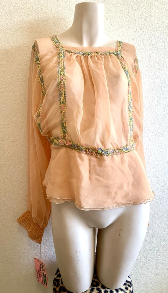 VTG Sheer PEACH NYLON w EMBROIDERY Layered TOP peplum designer sample DaNang M - Image 2 of 4