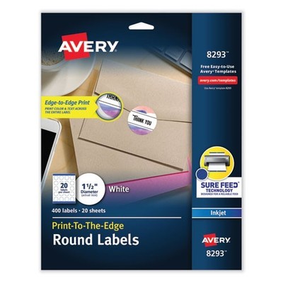 Avery Vibrant Inkjet Color-Print Labels w/ Sure Feed, 1.5'' dia, White, 400/PK