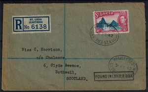 St. Lucia 1942 Registered Cover w/ KG VI 2/- & Box FOUND IN LETTER BOX VERY RARE