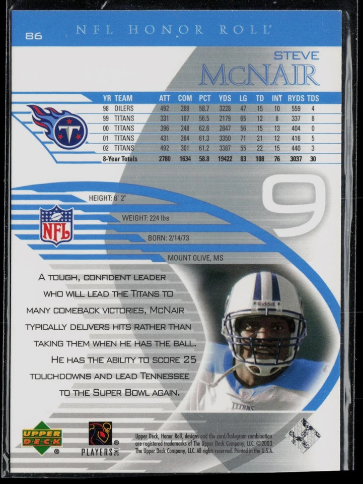 Steve McNair 2003 Upper Deck Honor Roll #86 JM - Image 2 of 2