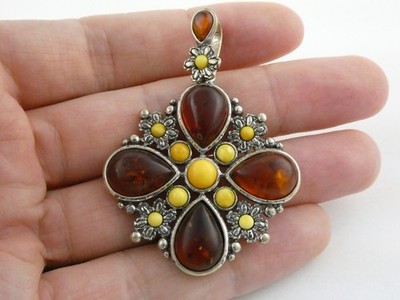 Sterling Silber Orange und Eigelb Bernstein Cabochon verziert Anhänger 11,8 g 2,25 Zoll
