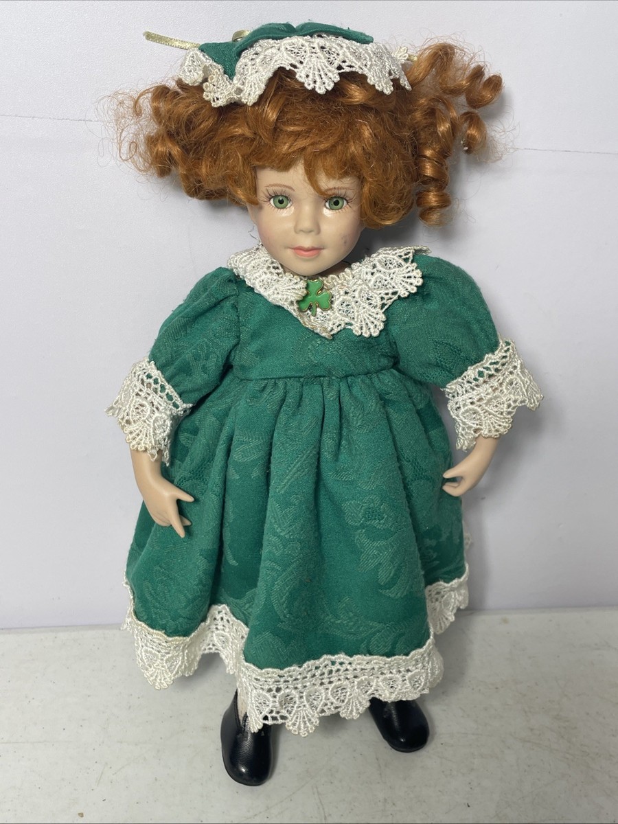 Vintage Porcelain Musical Doll Girl Green Dress Red Hair Green