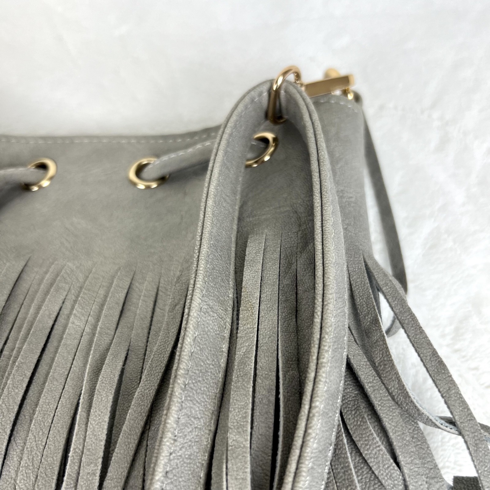 Venus Basic Light Grey Suede Fringed Drawstring B… - image 13