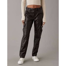 NWT American Eagle Stretch High-Waisted Vegan Leather Straight Cargo Pant Brown