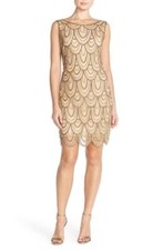 Pisarro Nights Embellished Mesh Sheath Dress Sz 4 Gold