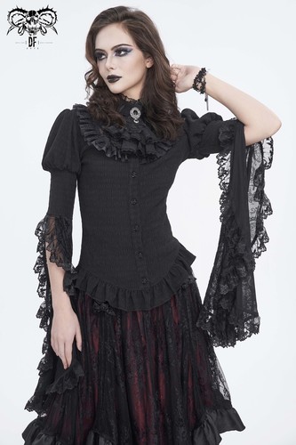 Devil Fashion Damen Schwarz Gothic Vintage Trompete Spitze Ärmel Tops Rüschen Bluse - Bild 7 von 25