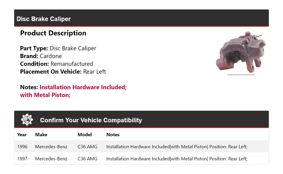 For 1996-1997 Mercedes-Benz C36 AMG Disc Brake Caliper Rear Left Cardone - Image 2 of 4