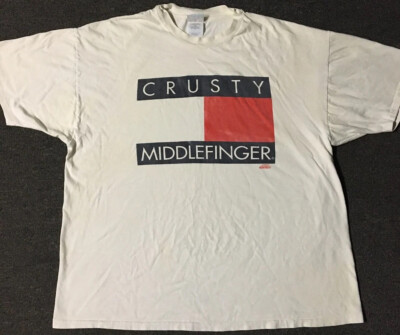 Vtg 90s Crusty Middle Finger Faded Tommy Flag Shirt XXL Funny Crude Grunge Joke