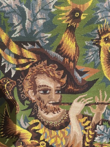 Tapisserie canevas Ancien 1950 "L'oiseleur"style Lurcat Tableau Vintage Encadré - Photo 5 sur 8