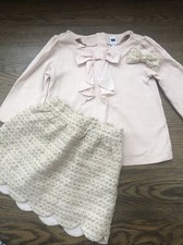 EUC Janie and Jack girl 3-piece WINTER pink silver gold tweed skirt bow SET 5 5T