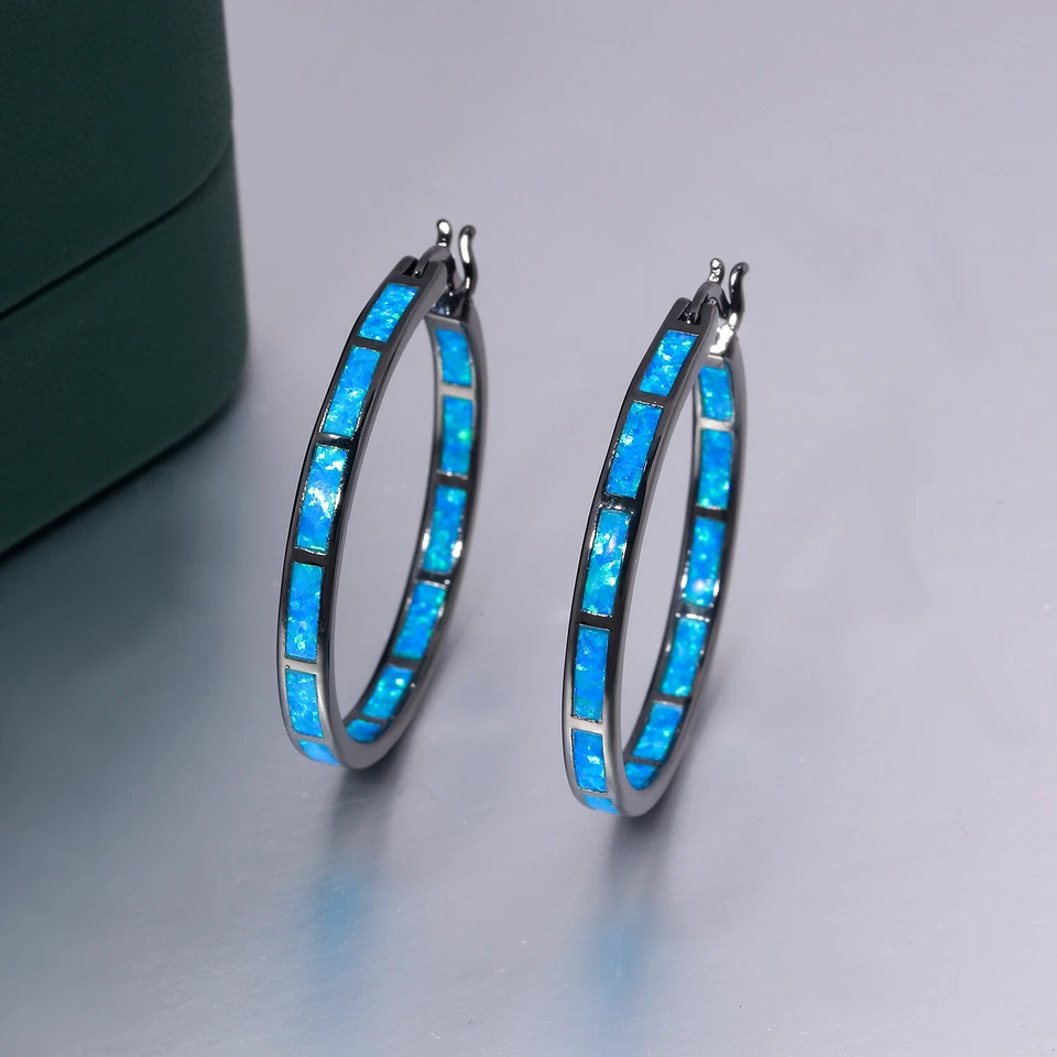 Gemstone Blue Fire Opal Hoop Silver Earrings 925 Silver Women Jewelry - Image 4 of 4
