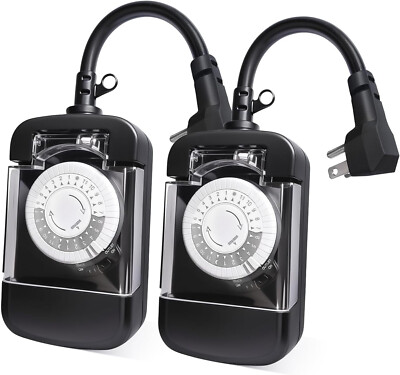 24 Hour Outdoor Mechanical Timer Switch Two Ground Outlets Variable On/Off Every